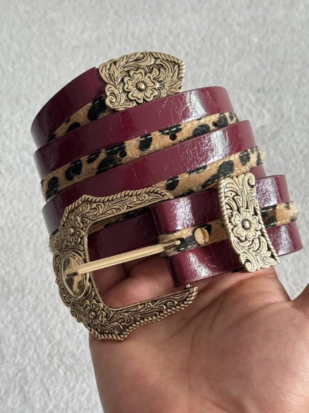 Burgundy Leopard Print Western Statement Belt